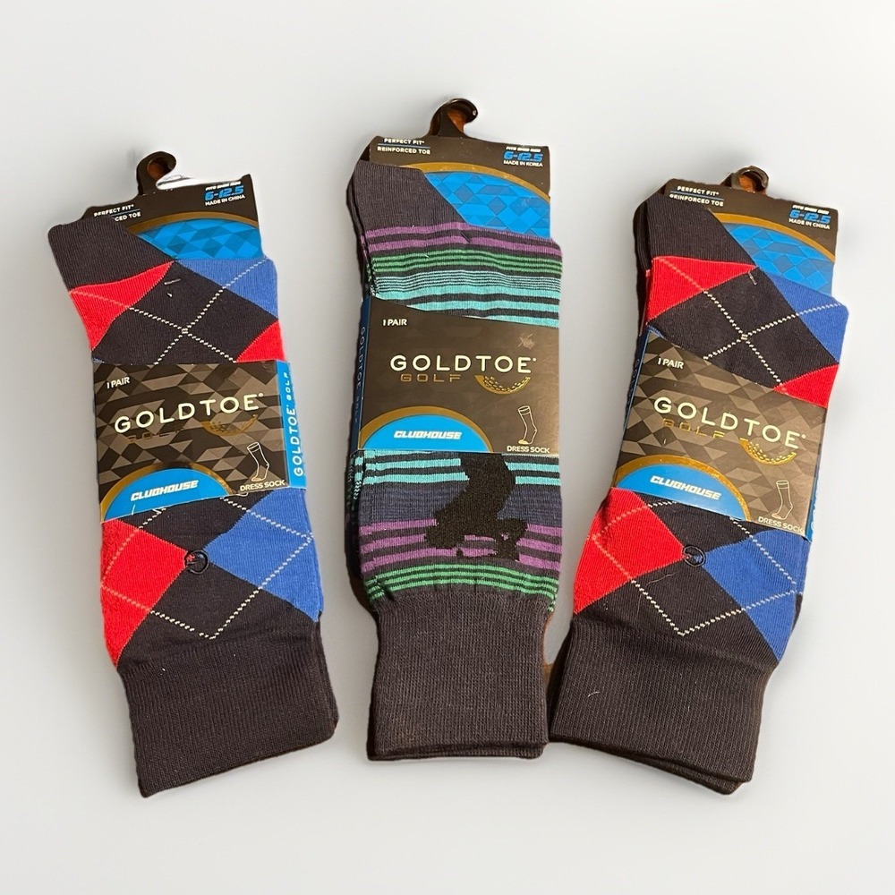 Gold Toe Golf Clubhouse Socks Lot of 3 Men's 6-12.5 Dress Argyle & Golfer Stripe